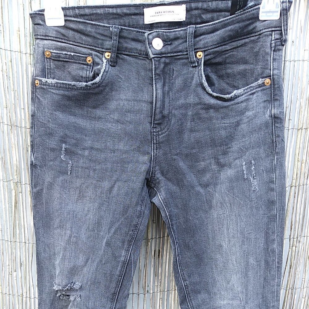 Zara Woman Premium Collection Blk/Charcoal Gray Jeans Distressed Frayed Hem - 8